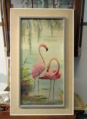 Müller Rosa Flamingos am Seeufer. Öl auf Leinwand unten links signiert 1963