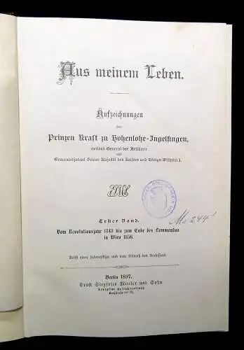 Prinz Kraft zu Hohenlohe-Ingelfingen Aus meinem Leben 1897-1907 Literatur