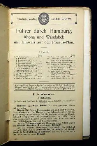 Pharus Plan von Hamburg ca. 39 x 51 cm Maßstab 1:147 000 Ortskunde Führer 1903