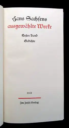 Hans Sachsens ausgewählte Werke 2 Bände Ausgabe 1961 Halbpergament Insel Verlag