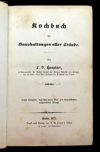 Hauptner Kochbuch für Haushaltungen aller Stände 1873 Kochen Küche Ernährung