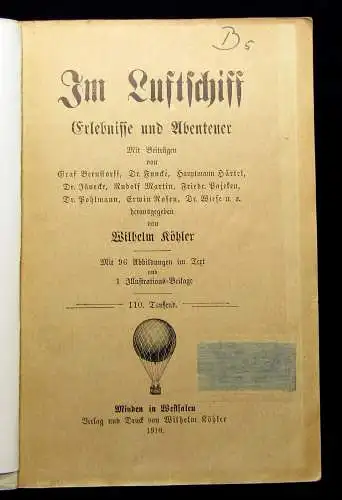 Köhler Im Luftschiff Erlebnisse und Abenteuer 1910 96 Abbildungen Zeppelin