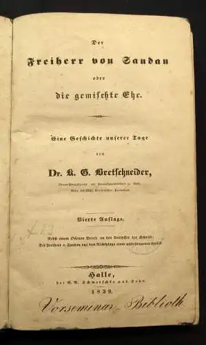 Bretschneider Der Freiherr von Sandau oder die gemischte Ehe 1839 Lyrik js