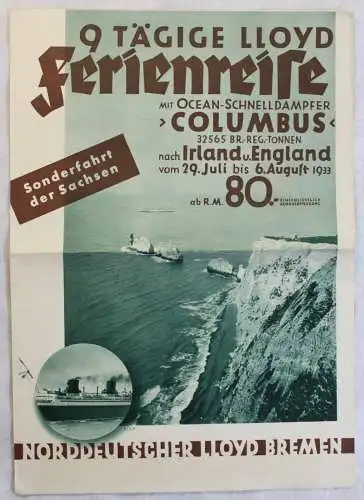 Original Werbeprospekt Ferienreise Ocean-Schnelldamper Norddeutscher Lloyd 1933