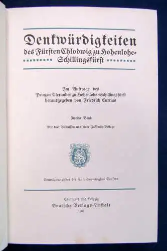 Curtius Denkwürdigkeiten des Fürsten Chlodwig zu Hohenlohde 2 Bde 1907 sf