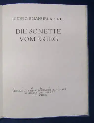 Reindl Die Sonette vom Krieg 2 Bände 1922  nummerierte Exemplare Militaria  js