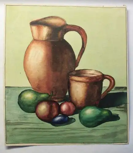 Schmirler Aquarell Stillleben Kanne Obst um 1930 Studienarbeit Kunstschule Loket