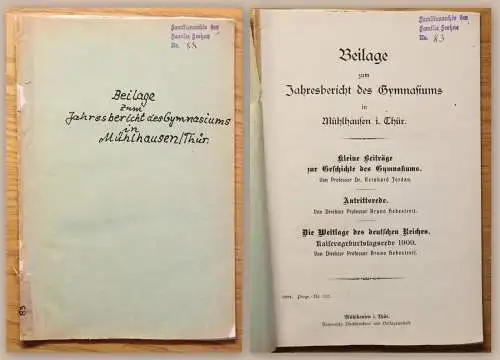 Jordan uW Beilage zum Jahresbericht des Gymnasiums Mühlhausen 1909 Thüringen xz