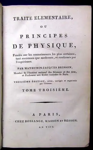 Brisson Traite Elementaire ou Principes de Physique 3 Bde.  1800  js