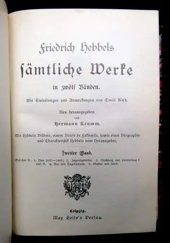 Krumm Friedrich Hebbels Sämtliche Werke Bände 1-12 in 4 Büchern komplett um 1890