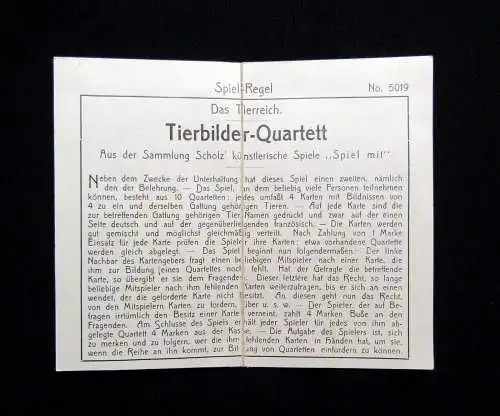 Das Tierreich-Quartett-Speile Scholz Mainz um 1920 komplett 40 Karten selten