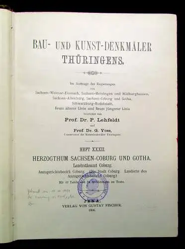 Lehfeldt; Voss Bau-und Kunstdenkmäler Thüringens 1906 42 Tafeln 84 Abb im Text