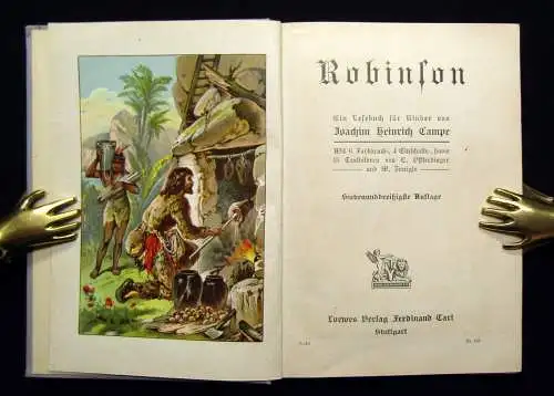 Campe Robinson Ein Lesebuch für Kinder um 1915 6 Farbdrucktafeln Abenteuer