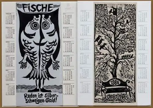 Fritz Panndorf 2x Linolschnitte Fische + Vogelbaum 1984/85 Grafik Kunst 004 AA