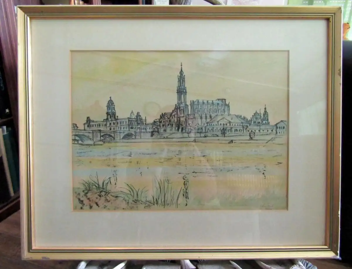 Farblithographie Künstler unbekannt Ansicht Dresden Canaletto Blick signiert 2