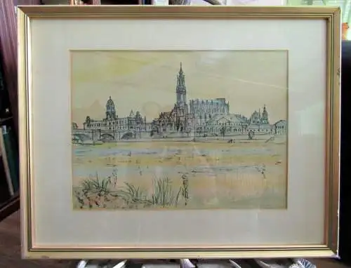 Farblithographie Künstler unbekannt Ansicht Dresden Canaletto Blick signiert