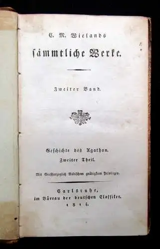 Wielands sämmtl. Werke Geschichte des Agathon 2 Bd. apart 1814 Roman Abenteuer