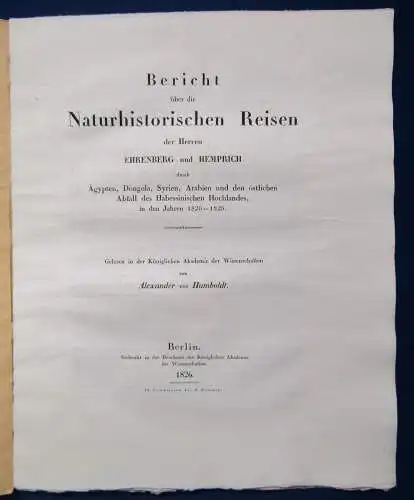 Humboldt Bericht über die Naturhistorischen Reisen d. Hern. Ehrenberg 1826 EA js