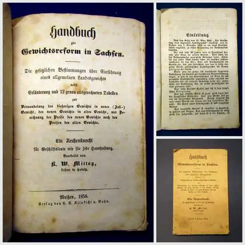 Mittag Handbuch zur Gewichtsreform in Sachsen 1858 Technik altes Handwerk mb