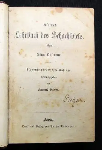 Dufresne, Jean kleines Lehrbuch des Schachspiels 1901 dekorativer Halbleder