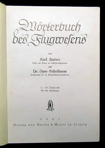 Anders, Eichelbaum Wörterbuch des Flugwesens 1937 Mit 461 Abbildungen Bodo Jost