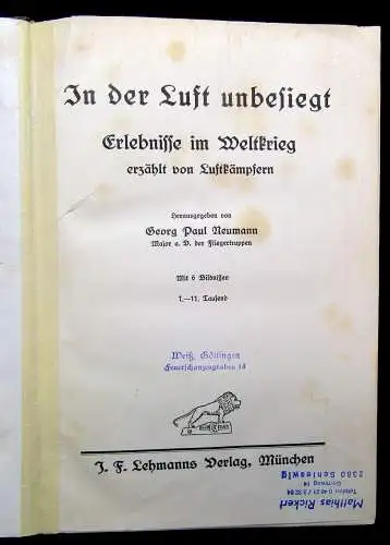 In der Luft unbesiegt 1923 Erlebnisse im Weltkrieg erzählt von Luftkämpfern