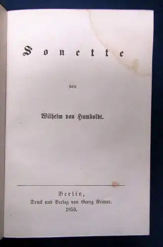 Humboldt Sonette 1853 seltene Erstausgabe Gedichtform Poetisch Frontispiz sf