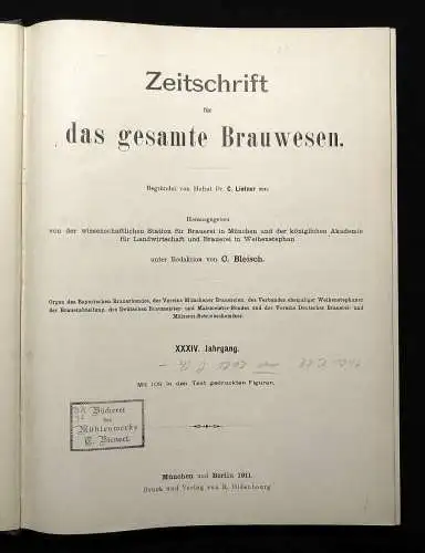 Lintner, Will Zeitschrift für das gesamte Brauwesen XXXIV. Jhg. 1911 Handwerk