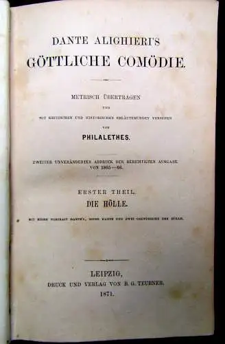 Philalethes Dante Alighieri´s Göttliche Comödie 1. u. 2. Teil 1871  Lyrik mb