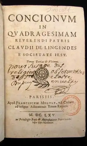 Lingendes,Claude de Concionvm in QV Adragesimam 3 Bde. 1661-65 Predigten js