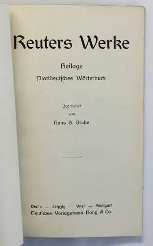 Grube Plattdeutsches Wörterbuch Beilage zu Reuters Werke um 1920 Niederdeutsch