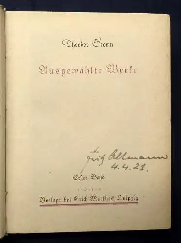 Thedor Storm Ausgewählte Werke 1-3 komplett 1919 Klassiker Literatur js