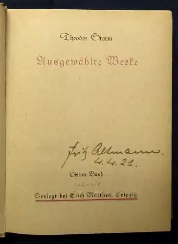 Thedor Storm Ausgewählte Werke 1-3 komplett 1919 Klassiker Literatur js