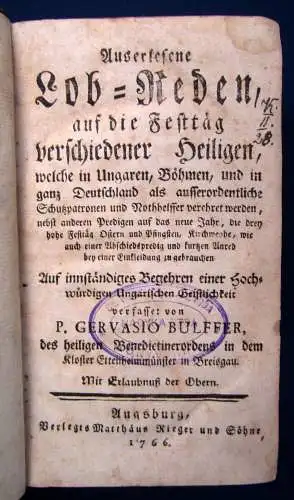 Auserlesene Lob-Reden auf die Festtag verschiedener Heiligen 1766 Geistliche js