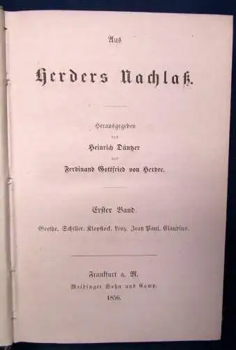 Düntzer aus Herders Nachlaß. 3 Bde. komplett Ungedruckte Briefe 1856/57 js