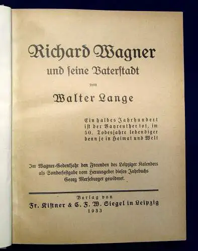 Lange Richard Wagner und seine Vaterstadt 1933 Kunst Kultur Biographie mb