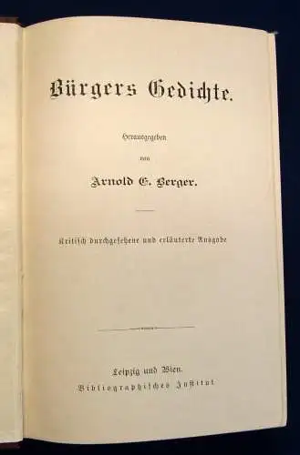 Berger Bürgers Gedichte um 1900 Klassiker dekorativer Leinen Belletristik js