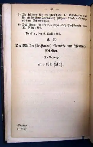 Statut der Knappschafts- Vereins zu Stolberg am Harz um 1860 Landeskunde js