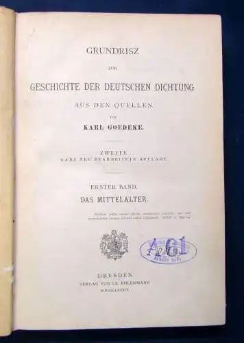 Goedeke Grundrisz zur Geschichte der deutschen Dichtung 1. Band apart 1884 sf