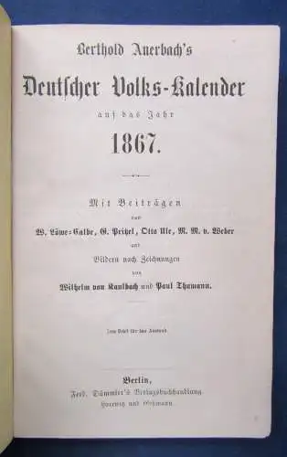 Bertholds Auerbach Volks-Kalender 1867 Beiträge von Pritzel u.a. illustriert js