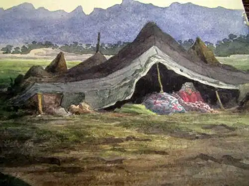 G. Holtzendorff Beduinenlager 1900 Aquarell auf Malkarton signiert 29,5 x47 cm