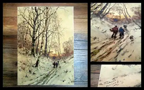 Richard Henri Fehdmer Reisigsammler in winterlichem Wald bei Antwerpen, Aquarell