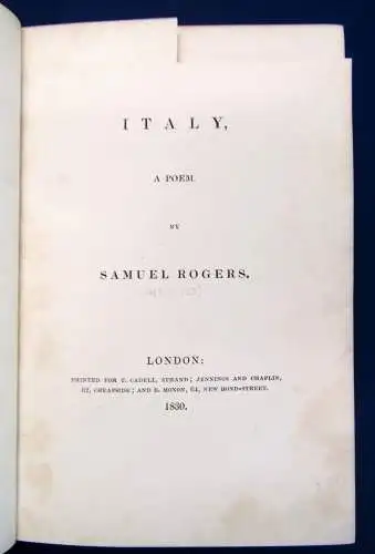 Rogers Italy. A Poem. 1830 Einbandkunst Handeinband Erstausgabe Gedichte sf