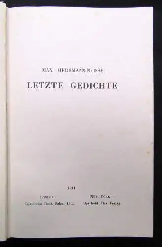 Herrmann-Neisse, Max Exil-Literatur - Letzte Gedichte 1941 Belletristik