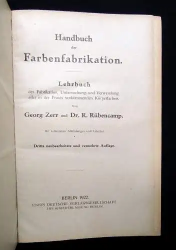Rübencamp,  Zerr Handbuch der Farbenfabrikation selten 1922 Verwendung Praxis