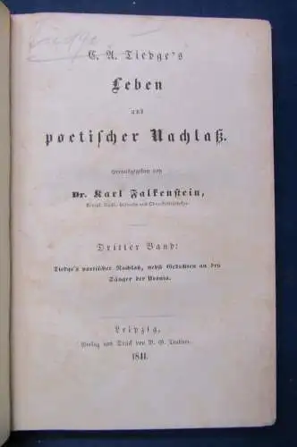Falkenstein Tiedge's Leben und poetischer Nachlaß 3. Band apart 1841 sf