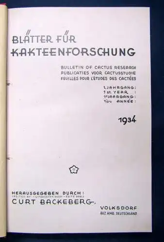 Backeberg Blätter für Kakteenforschung 1-4 Jhg 1934-37 Natur Botanik Pflanzen sf