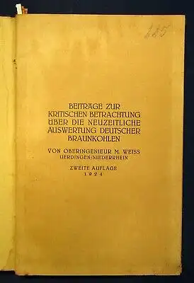 Kritische Betrachtung über die Auswertung deutscher Braunkohlen 1924 selten  js