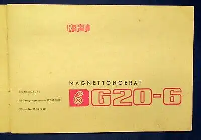 RFT Magnettongerät G20-6 Bedienungsanleitung 1963 selten Technik Wissen js