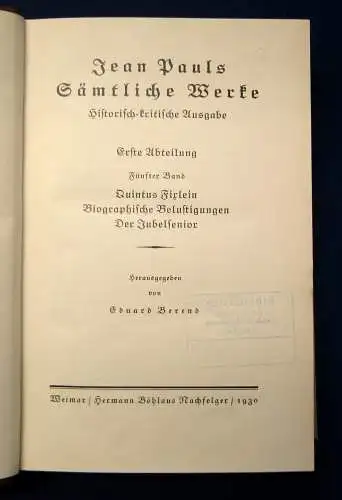 Jean Pauls Sämtliche Werke Biographische Belustigungen 5.Bd. 1930 Klassiker mb